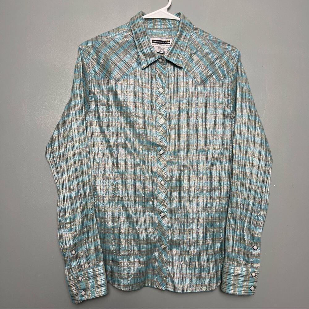 Panhandle Slim Metallic Shimmer Western Snap Button Shirt Blue Women’s Size L